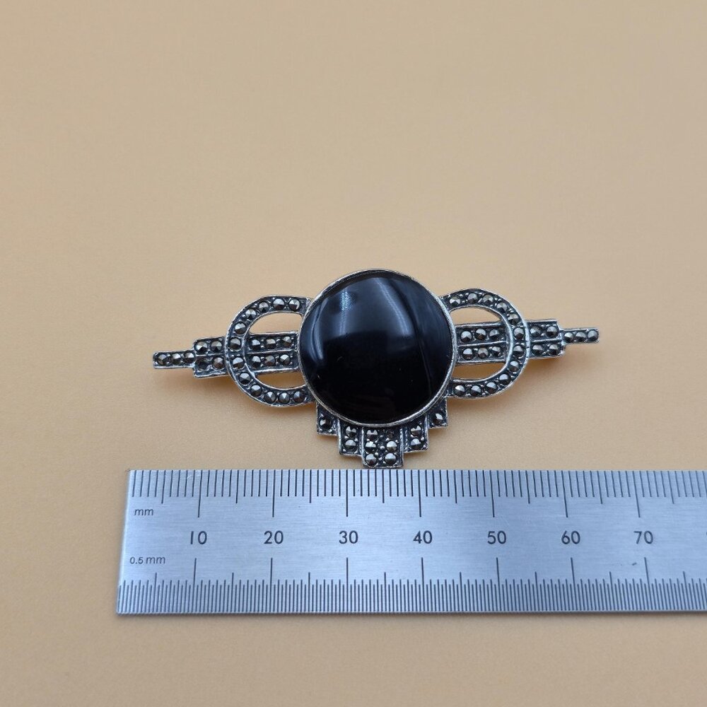 Sterling Silver Black Onyx And Marcasite Stones Pin Brooch B780 - Picture 7 of 8